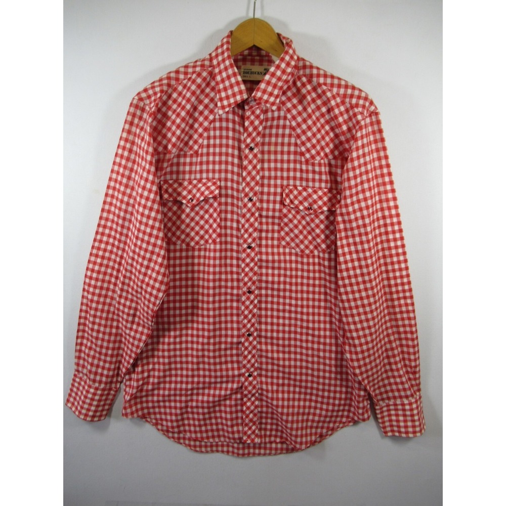Vtg Roebucks Pearl Snap Shirt Tall Men LT Red Gingham Long Sleeve Western Cowboy